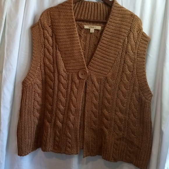 motto Sweaters - Motto 2x Plus Shawl Collar Cable Knit Vest - Brown Cozy Casual Button Sweater